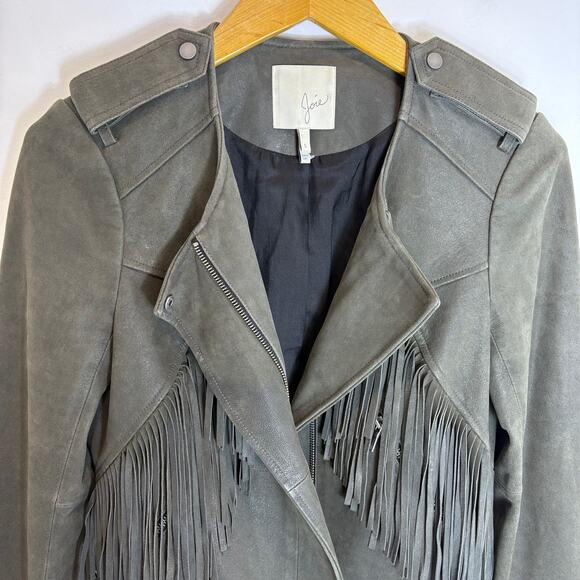 Joie - 100% Lamb Leather Fringe Moto Style ZENO Leather Jacket - Gray - Small - Picture 3 of 9